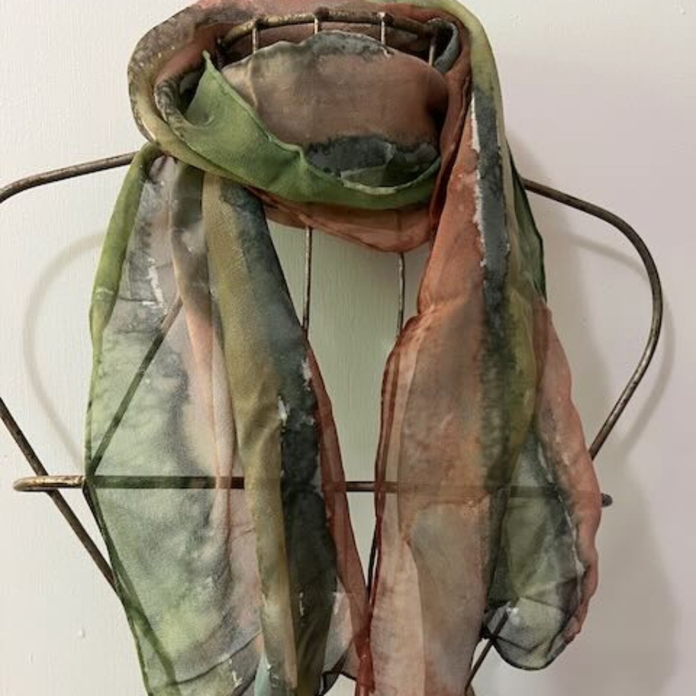 Artist Hand Painted Silk Chiffon Scarf with Tags 11" X 60"
